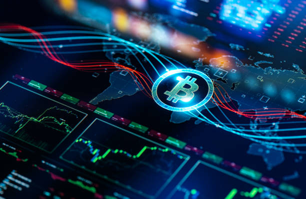 A visual representation of the concept of cryptocurrency, including digital coins and blockchain technology.